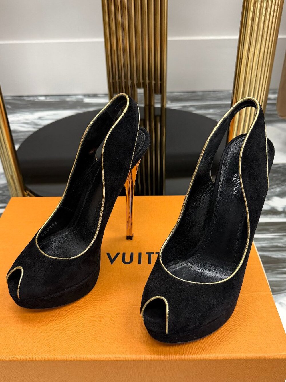 Louis Vuitton Black Suede Platform Heels Gold Heel Peep Toe Pumps Size 37 - Picture 2 of 16